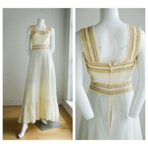 Vintage Pastel Yellow Empire Waist Cottage Core Summer Dress Small